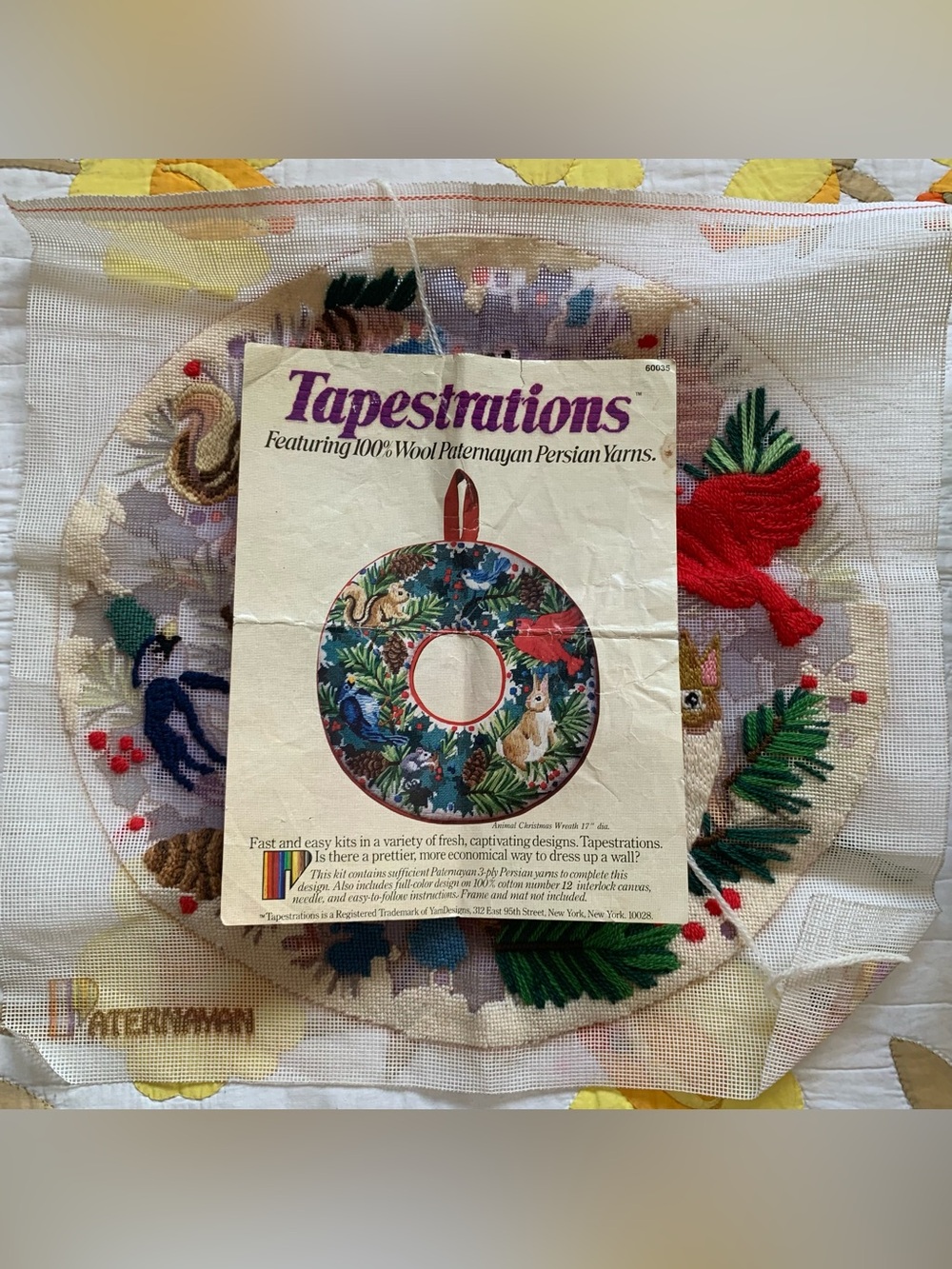 Vintage 90s Tapestrations Paternayan animals & plants Christmas wreath